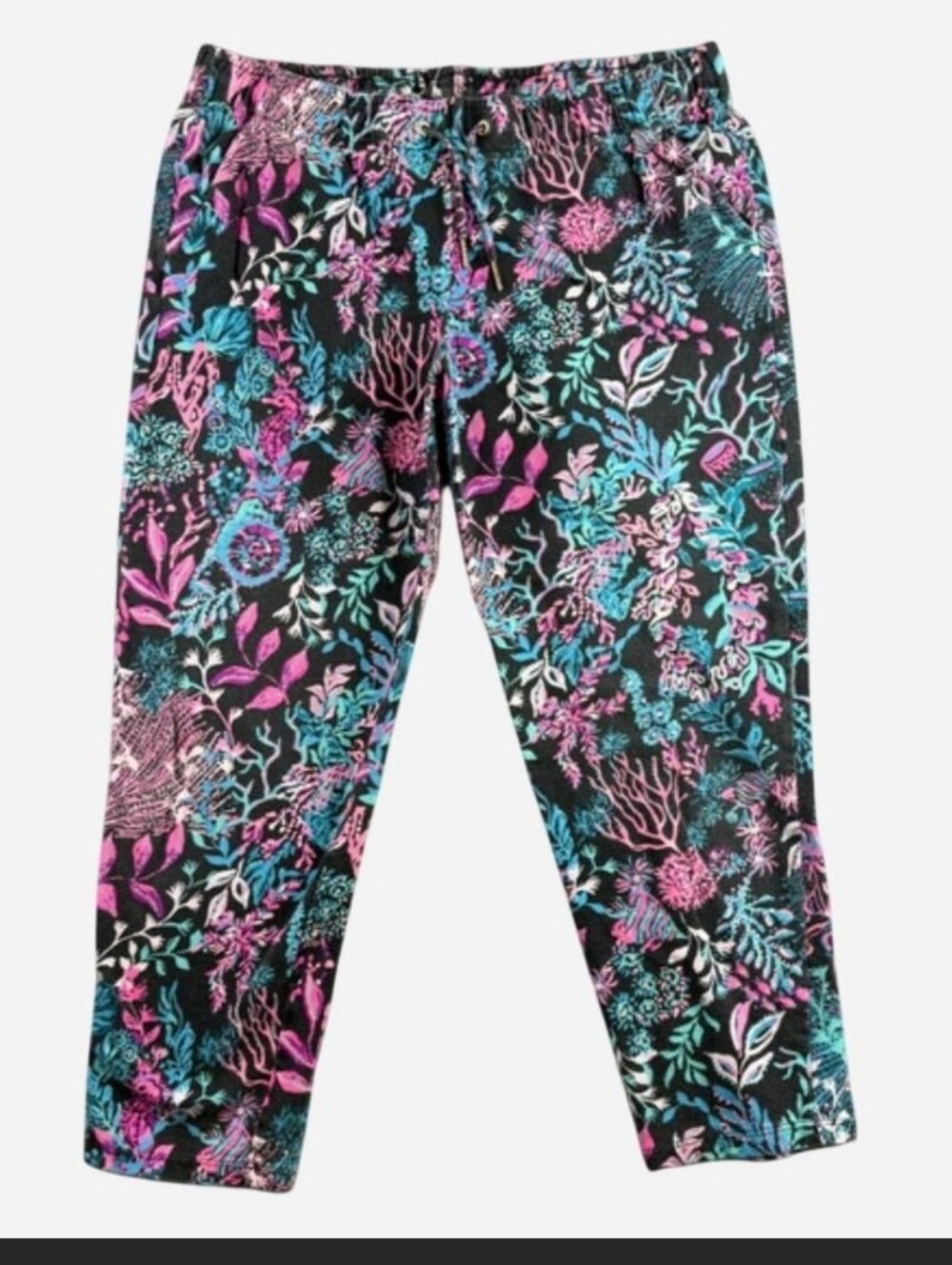 Lilly Pulitzer Emora Black Multicolor Coral Printed Jogger Pants Large Pull On